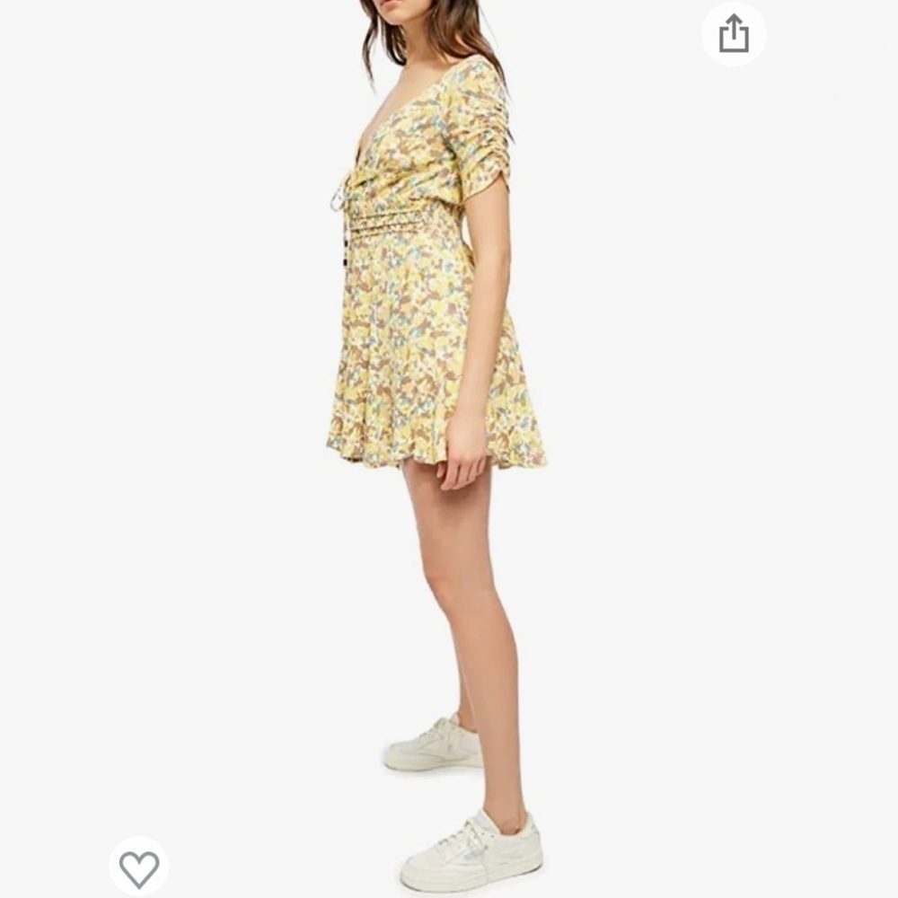 FREE PEOPLE  Forget Me Not V Neck Floral Lined Ruched Sleeve Mini Dress 4 - Picture 2 of 5